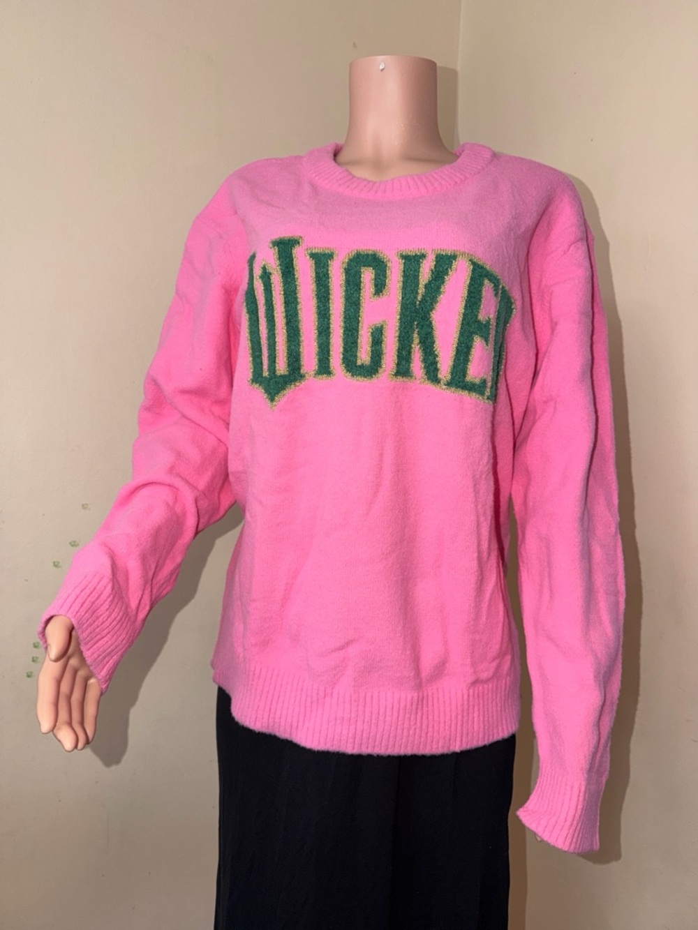 Pink Crewneck Sweater with Green Lettering